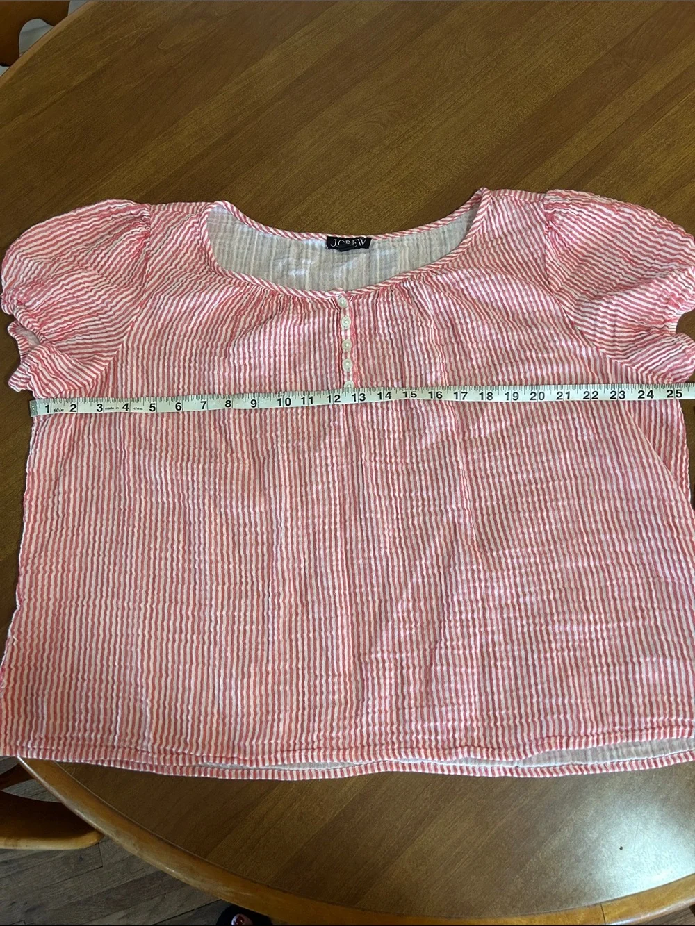 J. Crew Red and White Striped Short-Sleeve Button Henley Top